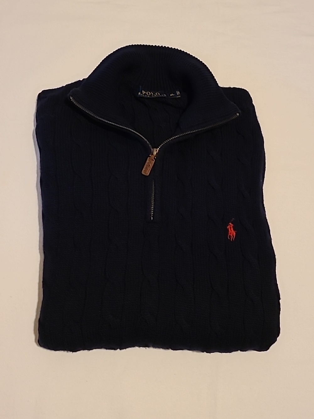 POLO Ralph Lauren Cable Knit Sweater XL, Quarter Zip, Navy, Cotton Pullover - Picture 2 of 16